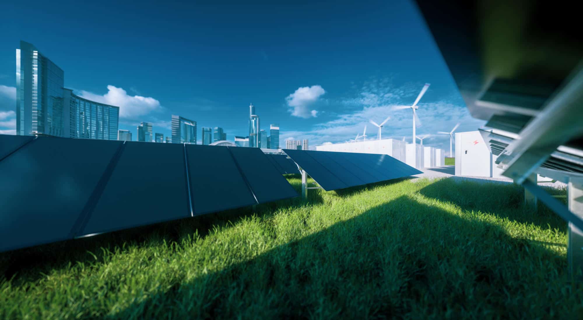 Modern black frameless solar panel farm, battery energy storage and wind turbines on fresh green grass under blue sky - concept of green sustainable energy  system. 3d rendering. | Kristina Bach Appointed President of Blue Ocean Sustainability