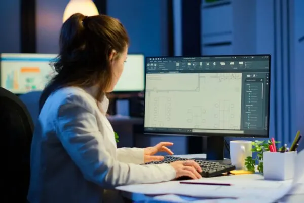 Woman architect matching digital plans from pc with blueprints working in start-up business office overtime. Designer using cad software to design a 3D concept of buildings creating late at night | JGMA Creating Efficiencies with all Ideate Software Tools