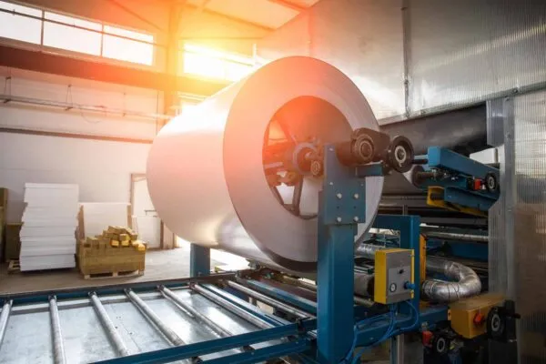 Industrial galvanized steel roll coil for metal sheet forming machine in metalwork factory workshop, sunlight toned | Algoma Steel Awards Building Contract to Walters Group