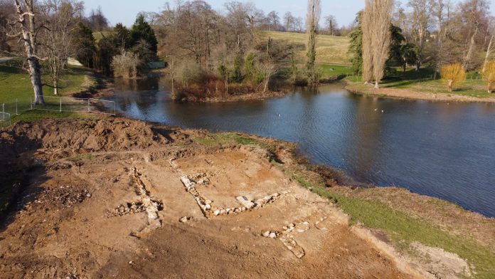 Aerial view of the stone structures associated with a 14th century water mill at Blenheim (2000x1125) (1)