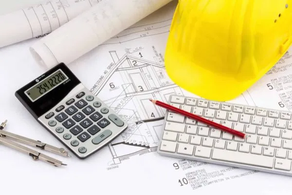 a blueprint of an architect with the construction helmet of a construction worker. symbol photo for finance and planning of a new house. | Reduce Construction Costs with Better Planning Enabled by Digital Technologies