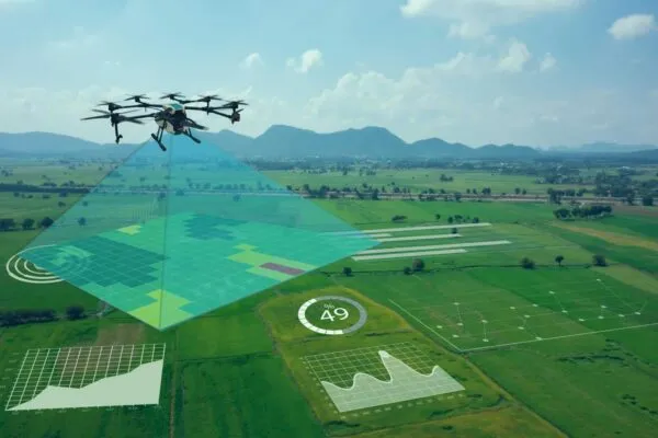 Smart farm, precision farming concept. Use drone for various fields like research analysis, terrain scan technology, monitoring soil hydration, yield problem, take photo and send data to the cloud | Difference between flying laser scanners and UAVs