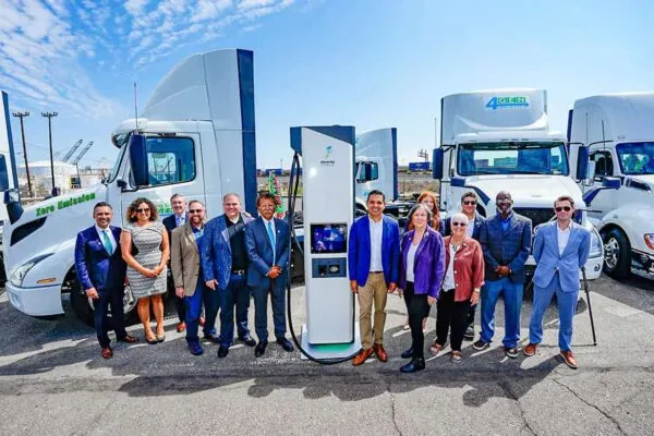 City, Port, and air quality officials and representatives from truck manufacturers, charging station developers and a trucking company announce a major recharging center and order of new zero-emissions trucks at the Port of Long Beach. | Port of Long Beach Previews Path to Zero Emissions