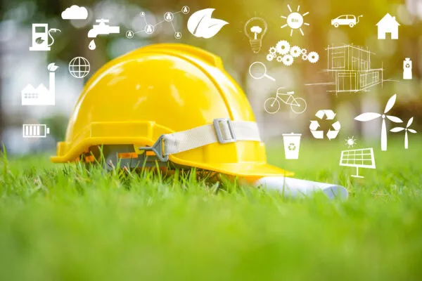 Yellow helmet on green with ecological icon | MICRODESK, A SYMETRI COMPANY, ANNOUNCES EXPANDED SUSTAINABILITY CAPABILITIES WITH ONE CLICK LCA GLOBAL PARTNERSHIP
