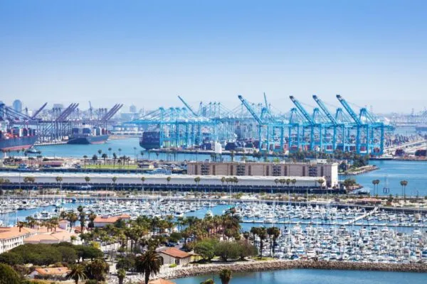 Aerial view on Long Beach marina and shipping port at sunny day, United States | An Electric Future: the Port of Long Beach 