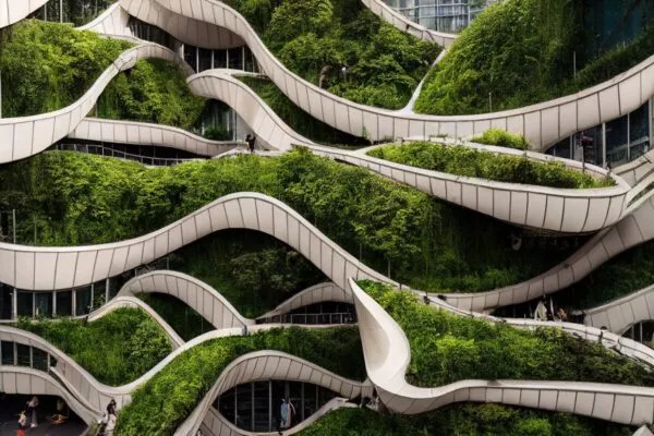 Splendid environmental awareness city with vertical forest concept of metropolis covered with green plants. Civil architecture and natural biological life combination. Digital art generative AI. | Growth and Consumption: the Built and Natural Environments