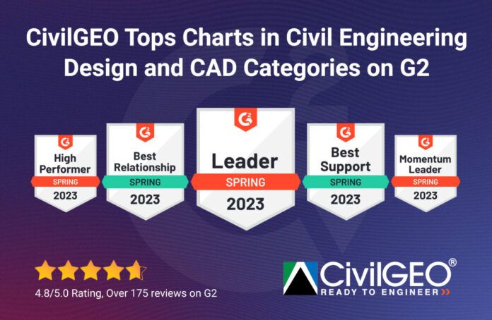 CivilGEO Named Leader In Civil Engineering and CAD Categories In G2’s Spring 2023 Report - Press Release Image