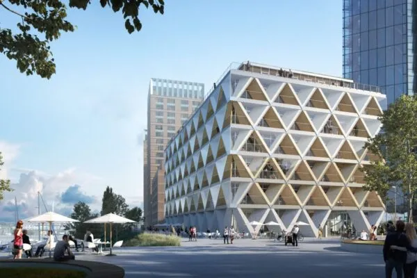 One project of HPP’s portfolio “The Cradle”: Düsseldorf's first hybrid timber construction office building. Completion 2023. Credit: INTERBODEN Gruppe/HPP Architects; Visualization: Bloomimages | HPP Architects Expands the Design Team to Non-Revit Users with Ideate BIMLink