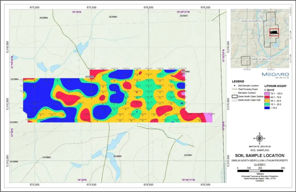 <strong>Medaro Mining Soil Sampling Identifies More Lithium Exploration Targets on the Darlin Lithium Property in Quebec</strong>