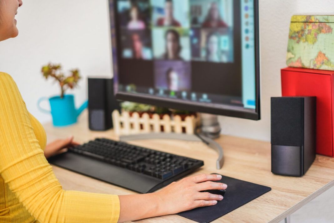 Young woman having a discussion meeting in video call with her t