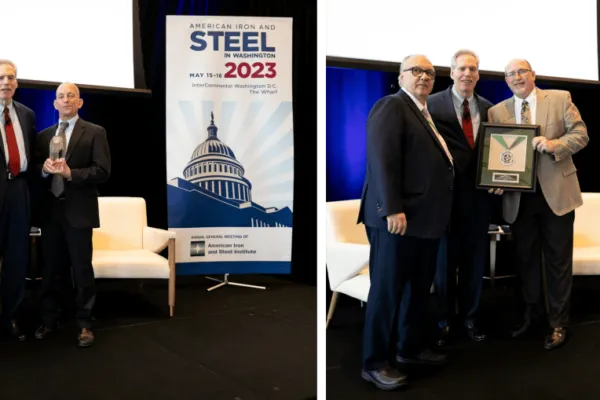 Karl Barth, Ph.D. (at right) accepts the “2023 Market Development Industry Leadership Award” from AISI Chairman Lourenco Goncalves (left) and AISI President and CEO Kevin Dempsey (center). Photo 2: Robert Wills, P.E. (at right) accepts the “2023 Market Development Lifetime Achievement Award” from Lourenco Goncalves (left) and Kevin Dempsey (center).  | AISI Announces 2023 Market Development Awards