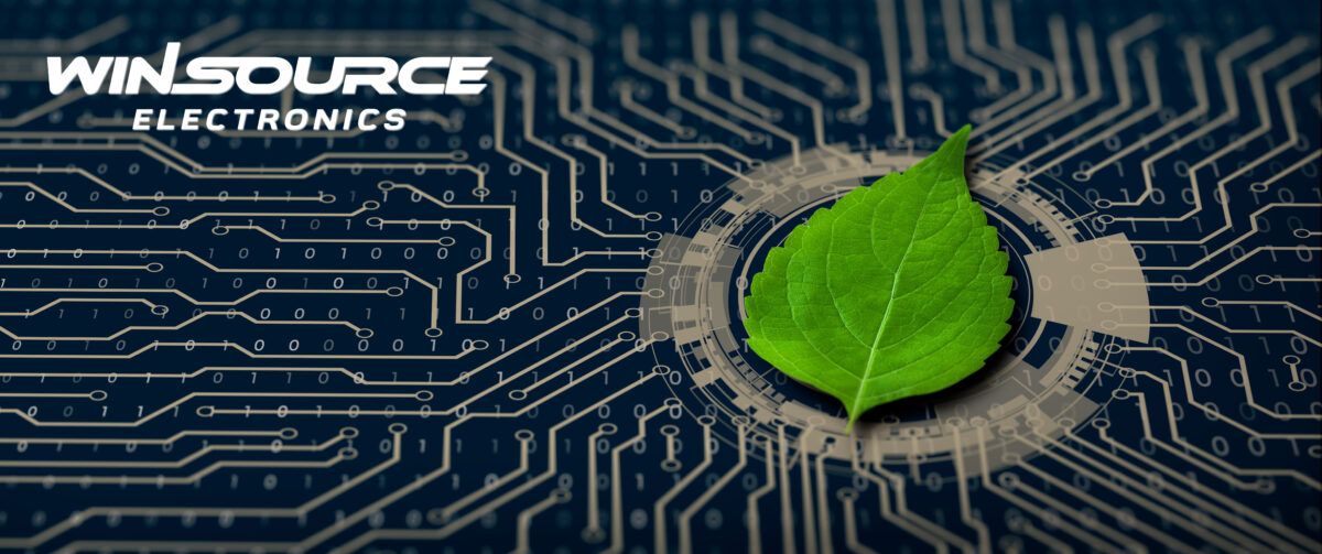 Green leaf on the converging point of computer circuit board. Nature with Digital Convergence and Technological Convergence. Green Computing, Green Technology, Green IT, csr, and IT ethics Concept. | WIN SOURCE Electronics Champions Sustainability in the Semiconductor Supply Chain
