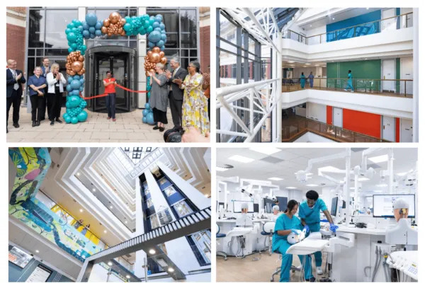 Top row L: Thangam Debonnaire opens Bristol Dental School; Other images: Bristol Dental School interior. 
Credit: Nick Smith Photography | NEWLY RELOCATED UNIVERSITY OF BRISTOL DENTAL SCHOOL COMPLETES