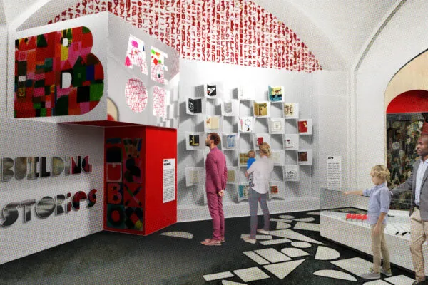 In the “Building Readers” gallery, visitors explore the intersections between the alphabets and simple shapes that form the basis of storytelling and design. CREDIT: Rendering courtesy Plus & Greater Than / National Building Museum | NATIONAL BUILDING MUSEUM ANNOUNCES OPENING DATE FOR BUILDING STORIES – MAJOR NEW EXHIBITION INSPIRED BY BELOVED CHILDREN’S BOOKS