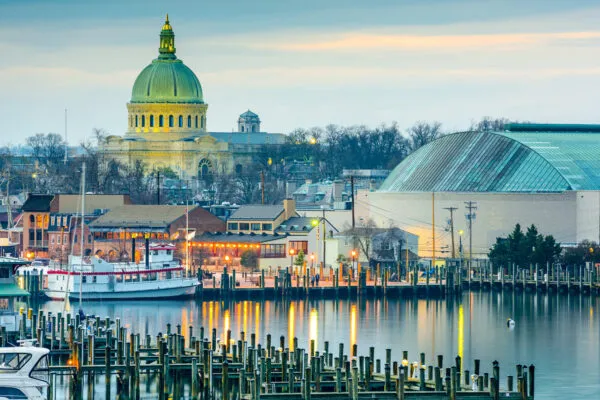 Annapolis, Maryland, USA town skyline at Chesapeake Bay with the United States Naval Academy Chapel dome. | Stantec wins three Federal Planning Division Awards from the American Planning Association
