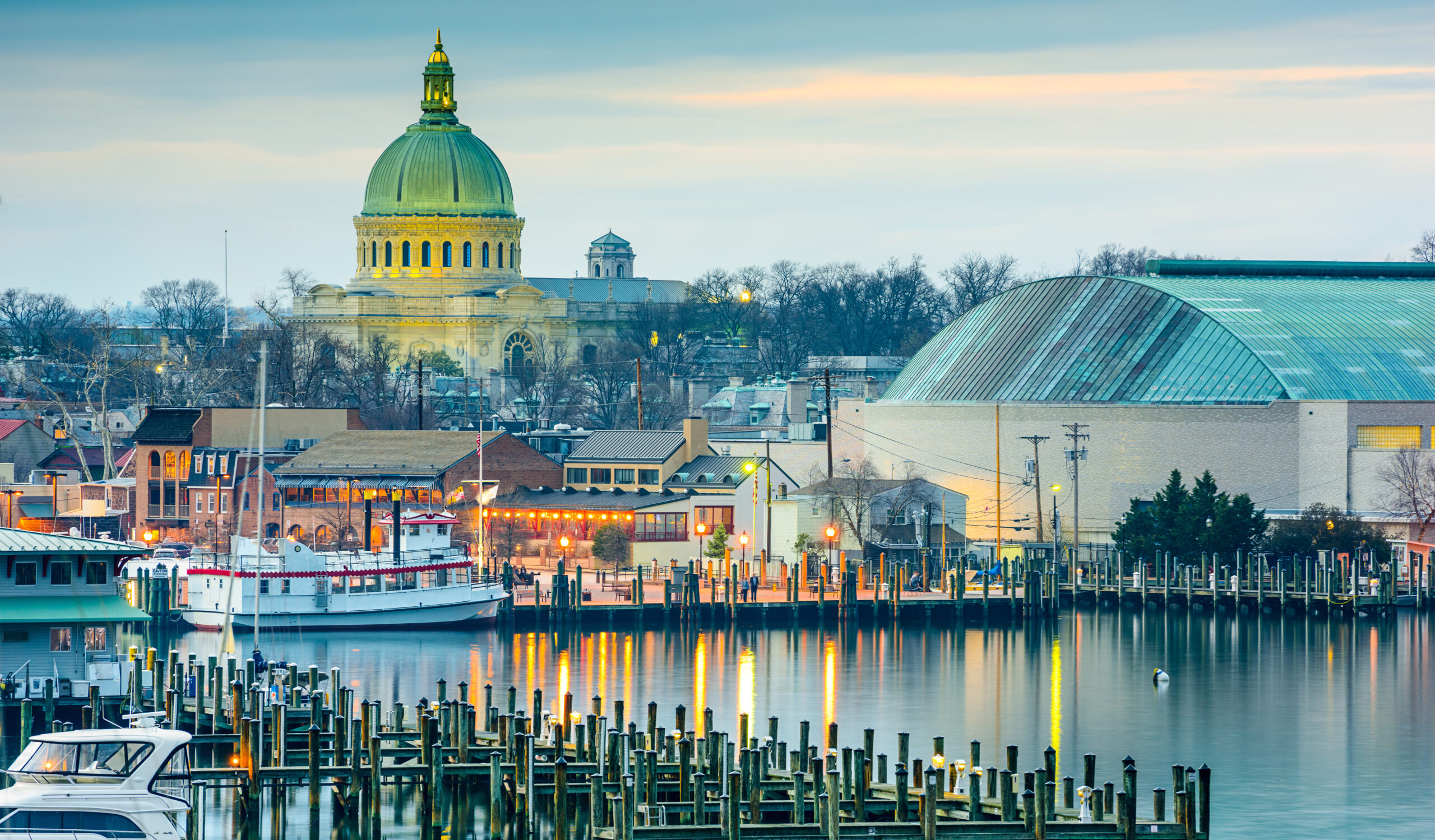 Annapolis, Maryland, USA town skyline at Chesapeake Bay with the United States Naval Academy Chapel dome. | Stantec wins three Federal Planning Division Awards from the American Planning Association