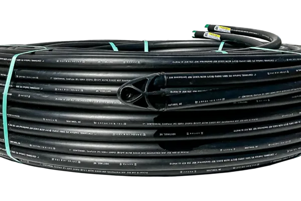 A coil of PE4710 HDPE ground loop piping configured as a premanufactured U-bend assembly. Photo courtesy of Centennial Plastics. | NEW TECHNICAL NOTE AVAILABLE ON PIPING  MATERIALS FOR GROUND SOURCE GEOTHERMAL SYSTEMS