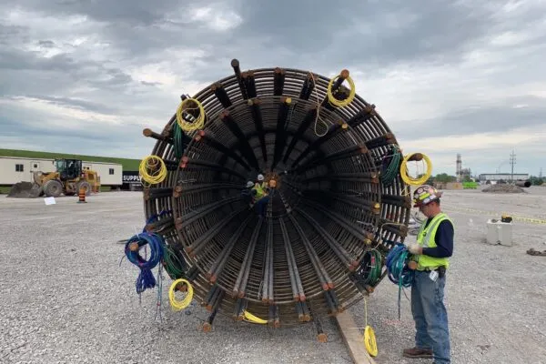 Example of drilled shaft cage being prepped for deep foundation testing. Image credit Fugro | Fugro supports earthquake-resilient bridge design in US Pacific Northwest
