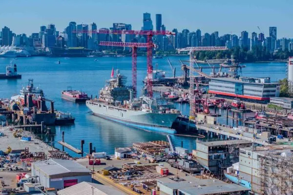 View of the shipyard with the city in the background. Photo Credit: Stantec. | Seaspan and Stantec celebrate completion of outfitting pier for Canada’s National Shipbuilding Strategy