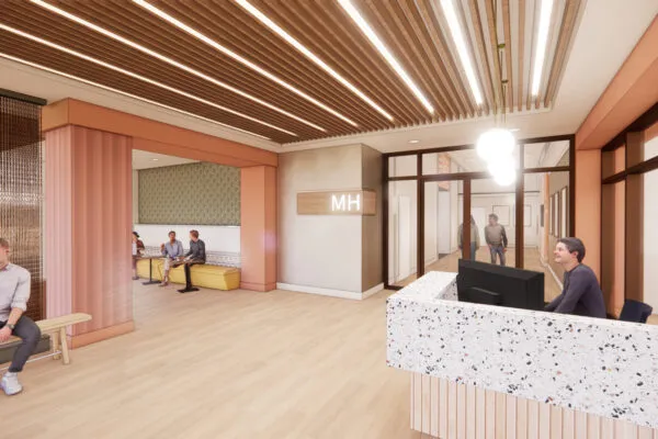 Lobby rendering provided by Lawrence Group. | Lawrence Group Transforming St. Louis’ Iconic Mansion House Apartments While Honoring Mid-Century Modern Heritage